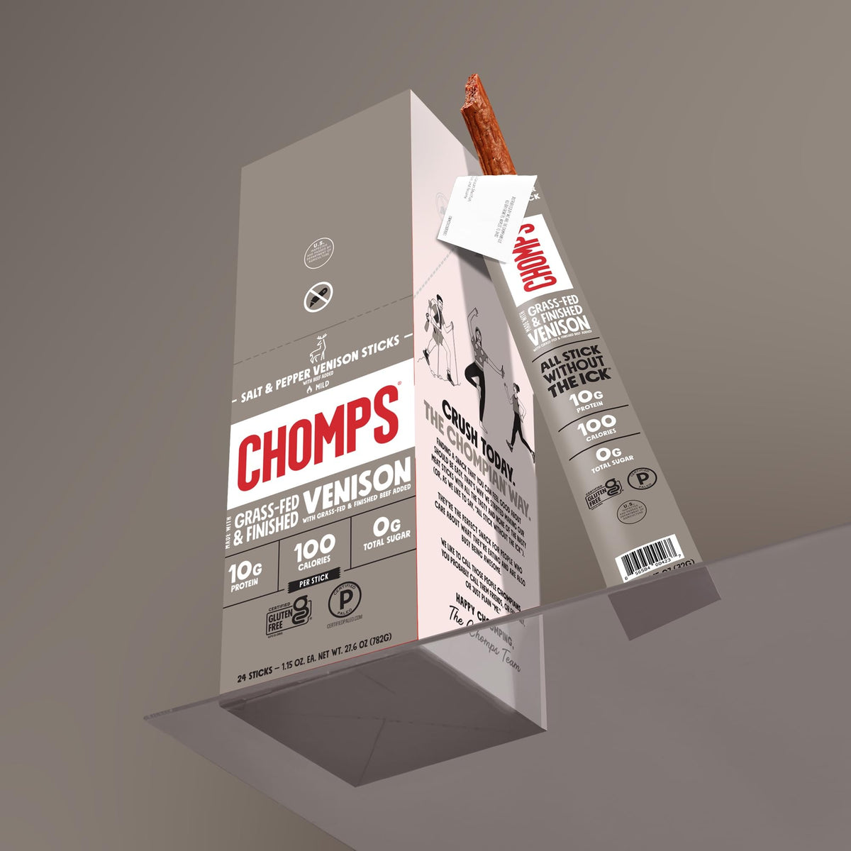 Chomps non-GMO nitrate-free venison sticks for clean snacking.