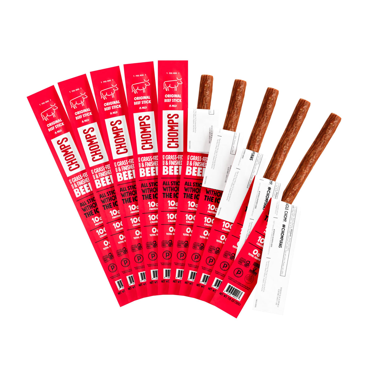 Chomps Original beef jerky stick close-up showing lean protein for on-the-go snacking.