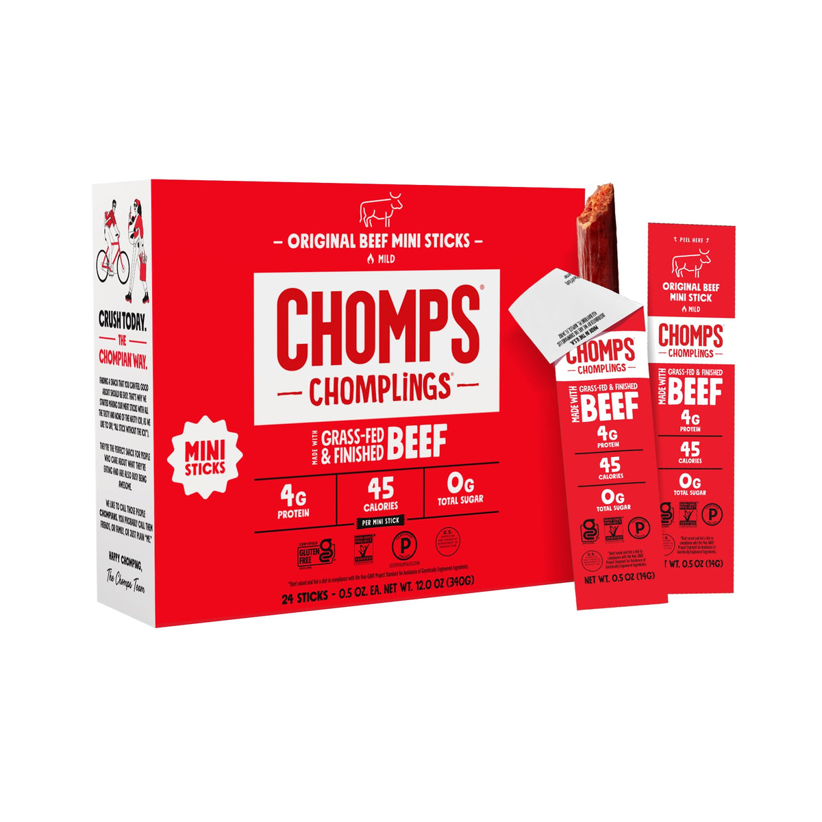Chomps Original beef jerky stick close-up highlighting lean protein