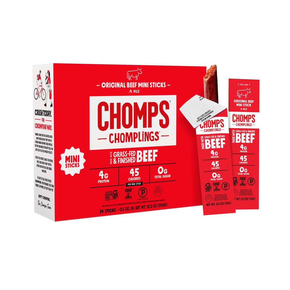 Chomps Original beef jerky stick close-up highlighting lean protein
