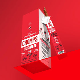 Chomps Original beef jerky stick lean protein close-up ready to bite.