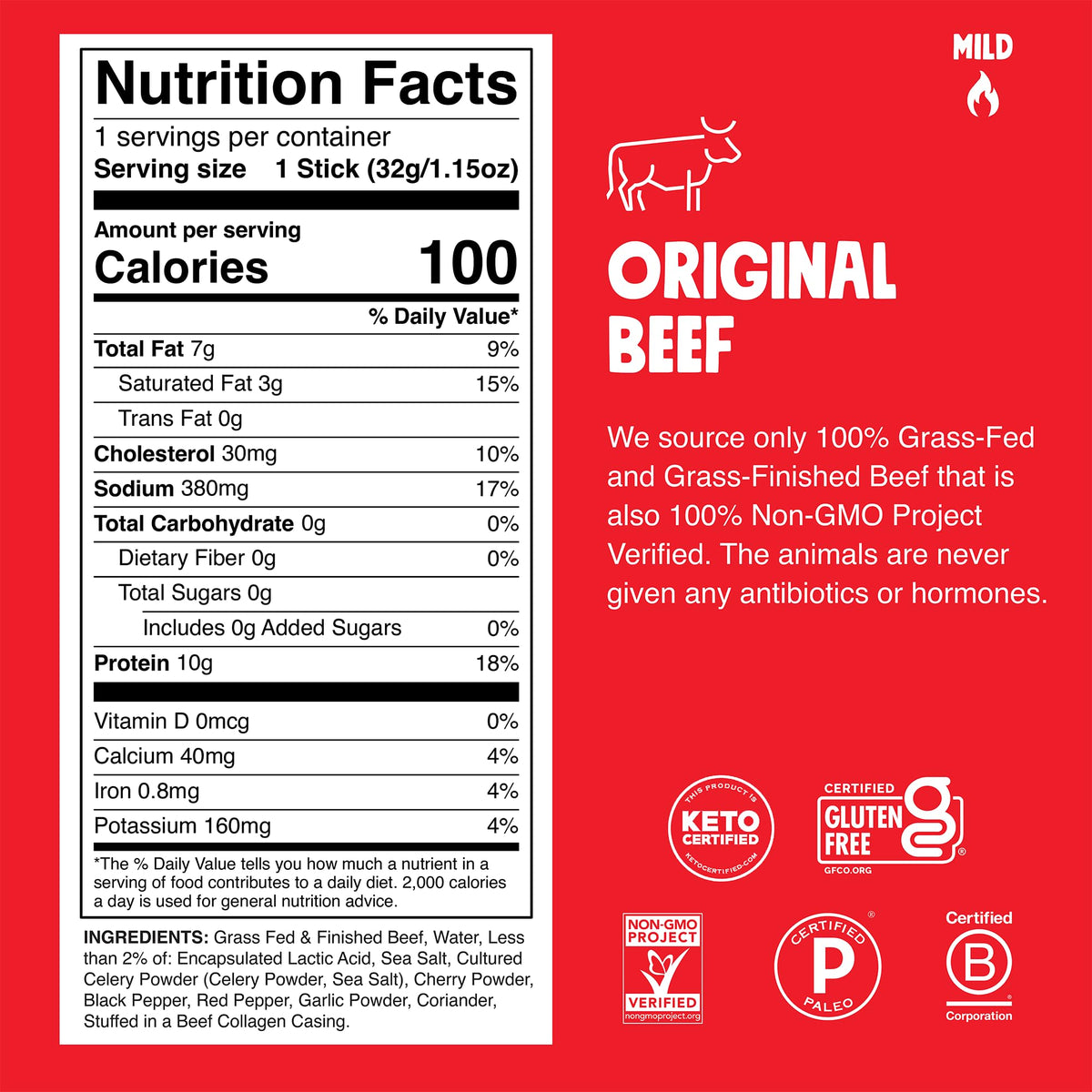 Chomps Original beef jerky stick packaging highlights gluten-free and Whole30-friendly profile.