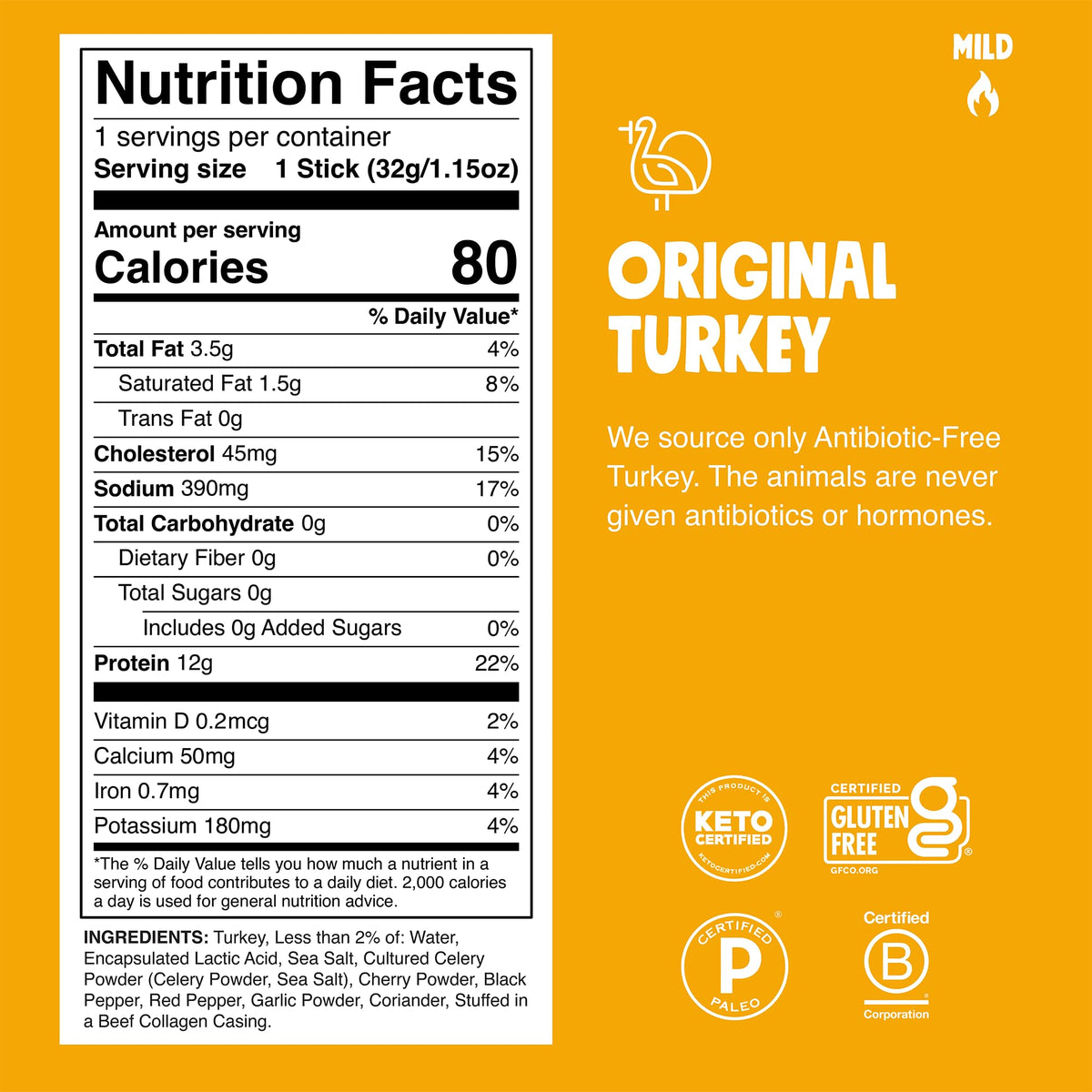 Chomps Original Turkey Jerky nutrition label highlights 12g protein per stick