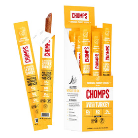Chomps Original Turkey Jerky Pack Front shows portable protein snack.