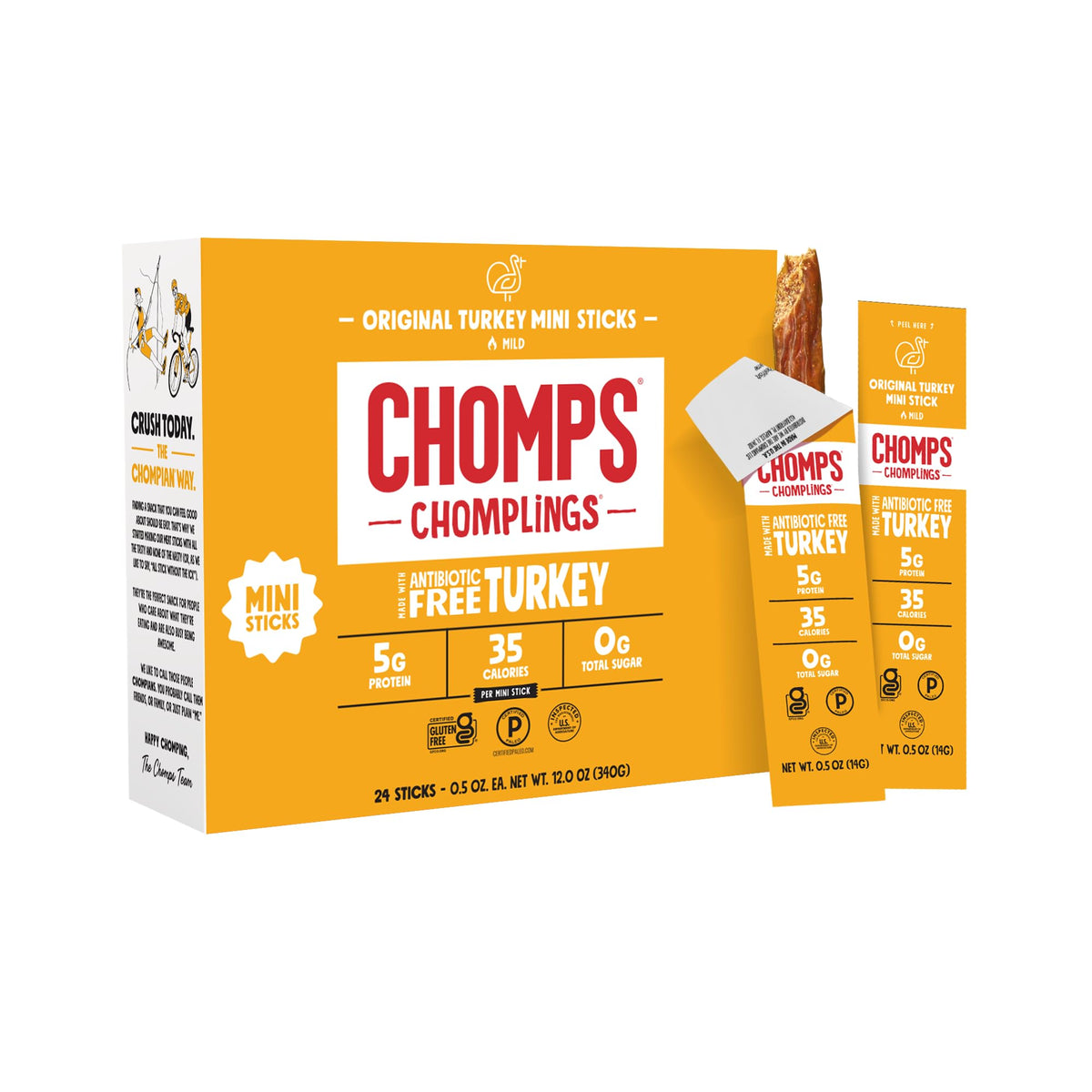 Chomps Original Turkey Jerky Stick packaging close-up, high-protein, zero-sugar snack.