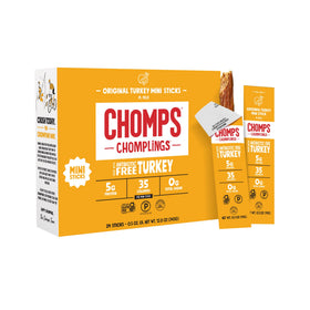 Chomps Original Turkey Jerky Stick packaging close-up, high-protein, zero-sugar snack.