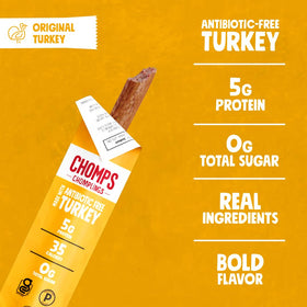 Chomps Original Turkey Jerky Stick nutrition panel view, keto-friendly and gluten-free.