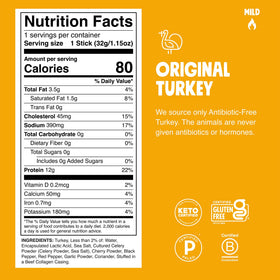 Chomps Original Turkey Jerky stick close-up reveals smoky, spicy flavor.