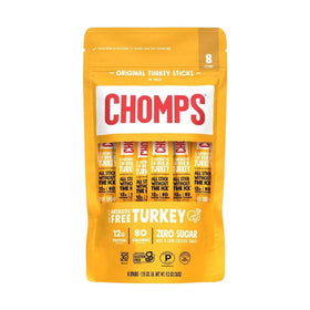 Chomps Original Turkey Sticks pack closeup, portable protein snack for on-the-go.