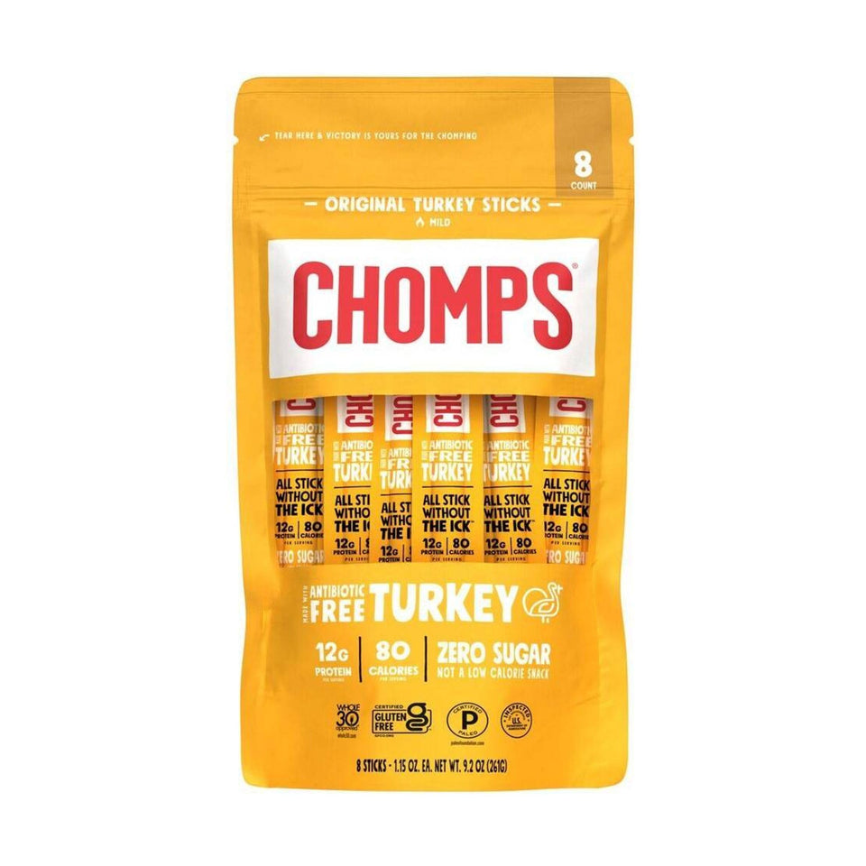 Chomps Original Turkey Sticks pack closeup, portable protein snack for on-the-go.