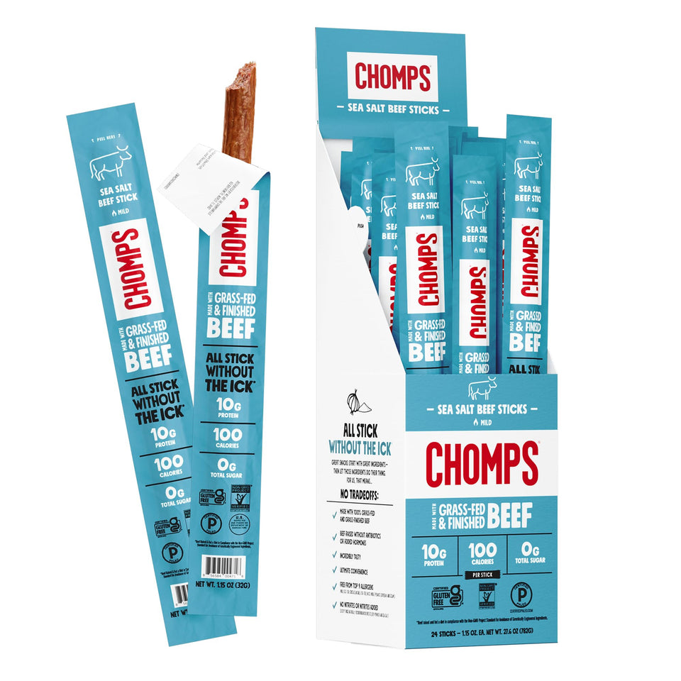 Chomps Sea Salt Beef Jerky Stick, protein-packed on-the-go snack with sea salt flavor