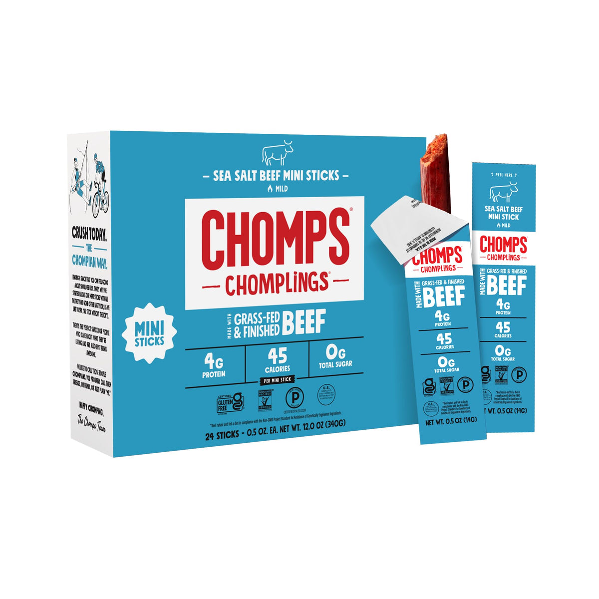 Chomps sea salt beef jerky stick close-up for lean protein on the go.
