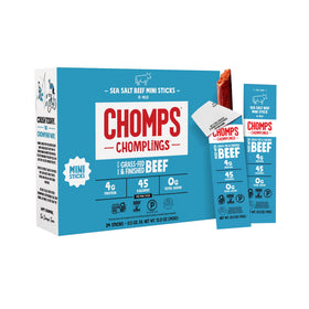 Chomps sea salt beef jerky stick close-up for lean protein on the go.