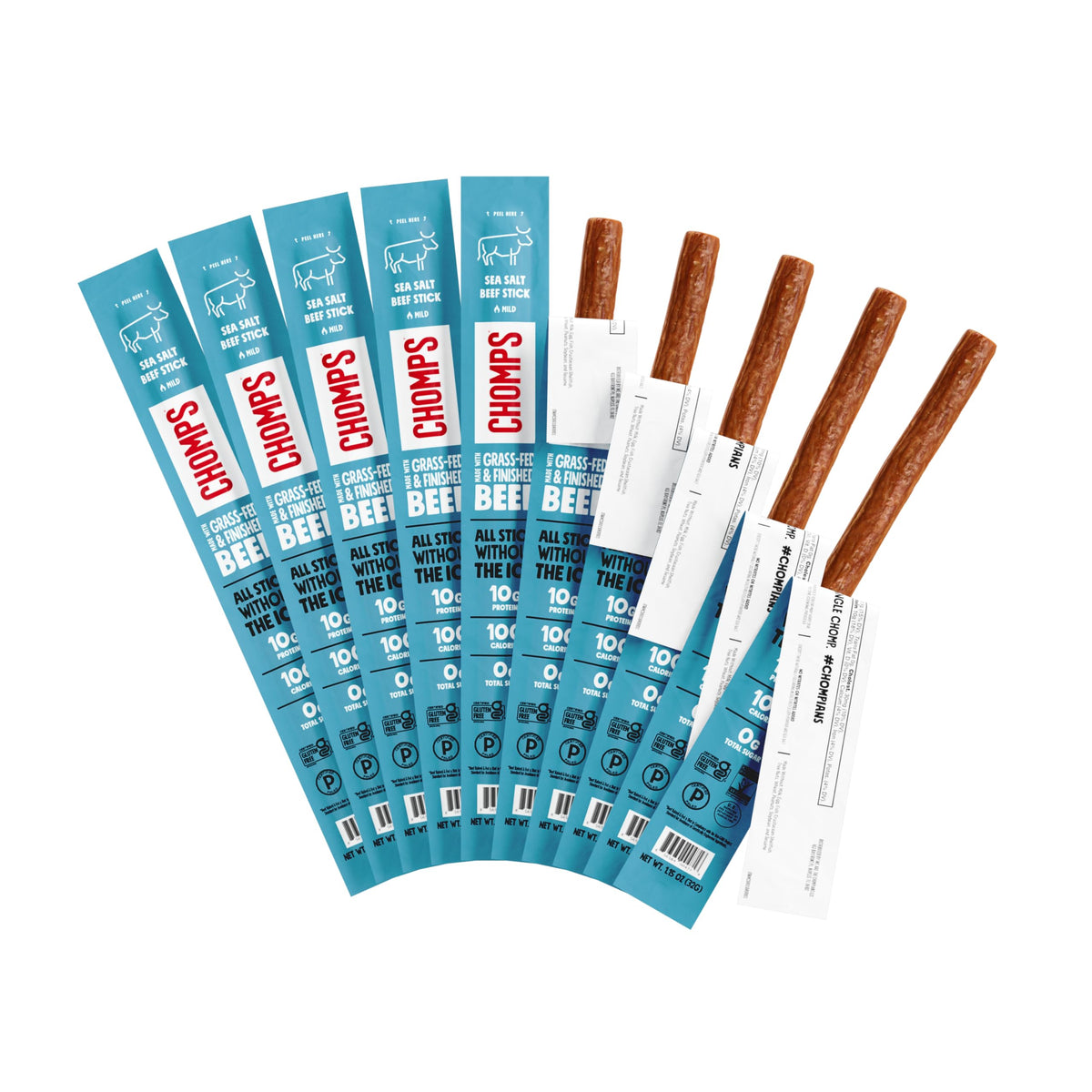 Chomps sea-salt beef jerky sticks pack for convenient on-the-go protein.