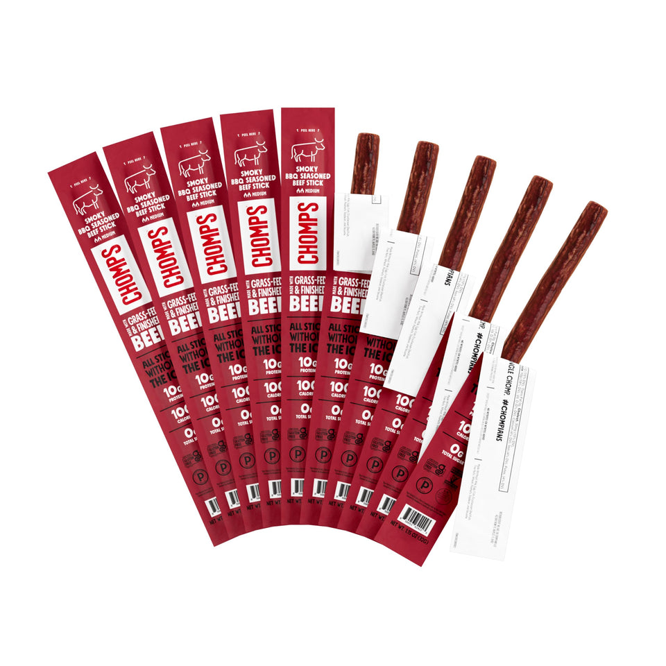 Chomps Smoky BBQ beef jerky stick close-up showing lean protein, ready-to-go snack