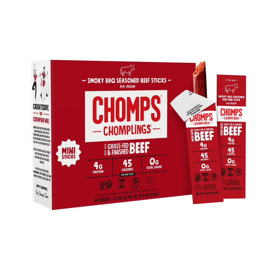 Chomps smoky BBQ beef jerky stick front pack shows convenient on-the-go protein.