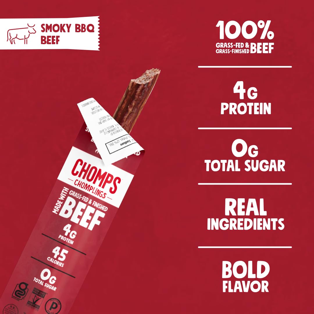 Chomps smoky BBQ beef jerky stick in-hand for quick, satisfying protein option.