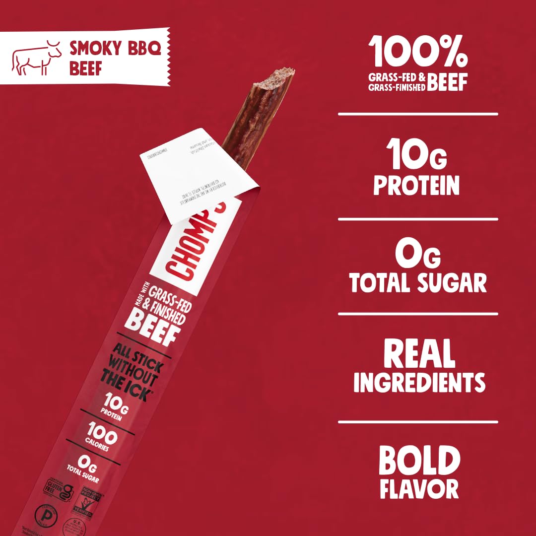Chomps Smoky BBQ jerky stick close-up texture reveals bold spice and tender bite