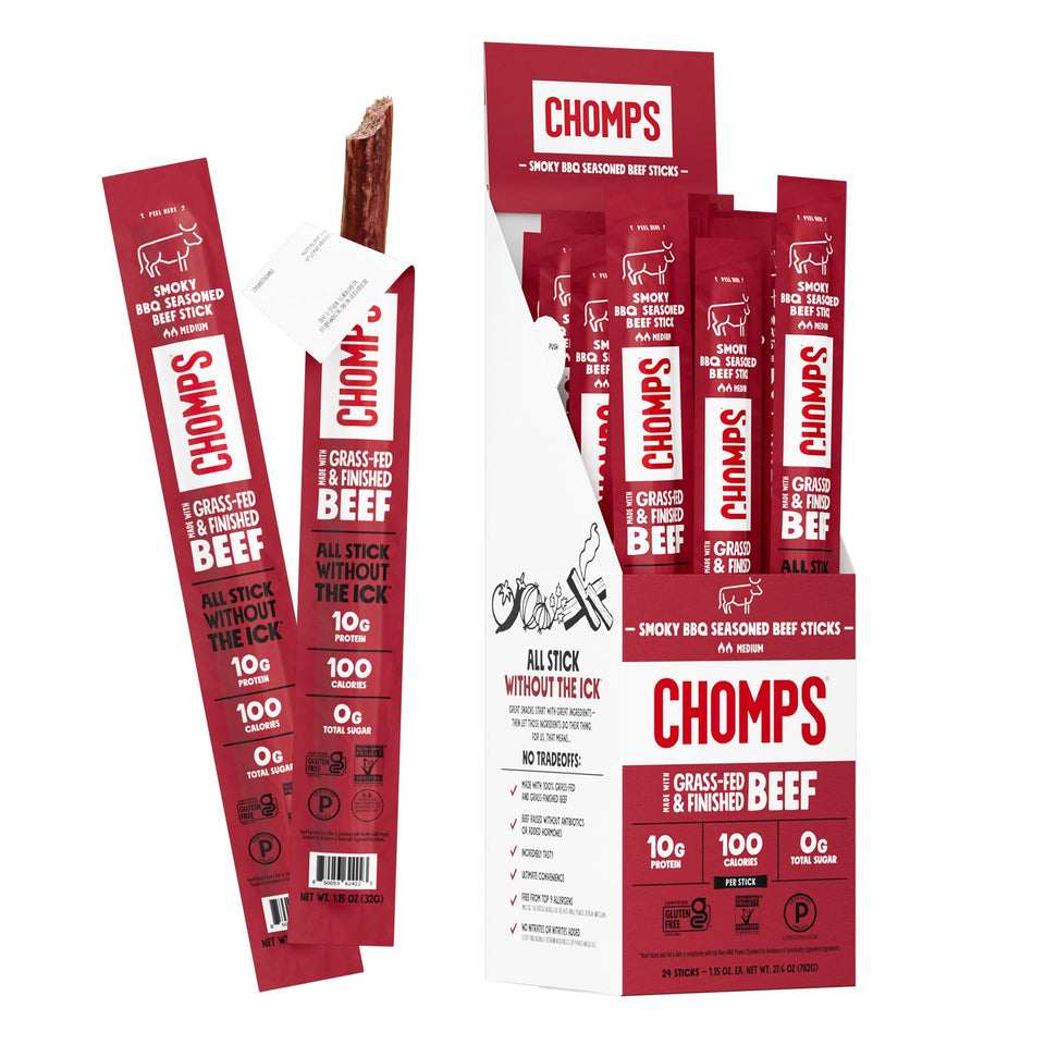 Chomps Smoky BBQ jerky stick front view highlights lean protein for on-the-go snacking