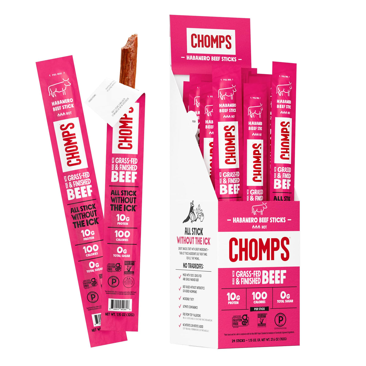 Chomps Spicy Habanero beef jerky stick close-up, high-protein on-the-go.