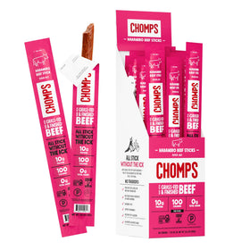 Chomps Spicy Habanero beef jerky stick close-up, high-protein on-the-go.
