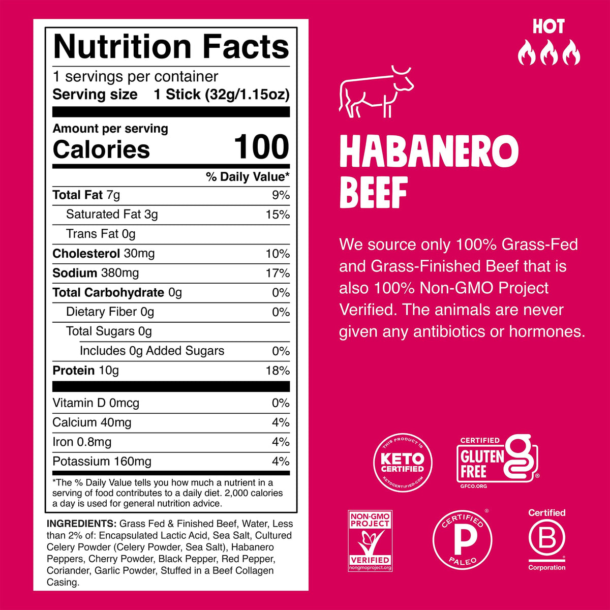 Chomps Spicy Habanero jerky pack on shelf, gluten-free premium snack.