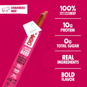 Chomps Spicy Habanero jerky stick being unwrapped, ideal travel snack.