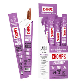 Chomps Taco Beef Jerky packaging front for grab-and-go keto snack.