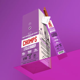 Chomps taco beef jerky stick backpack-snack suitable for hikes and commutes.