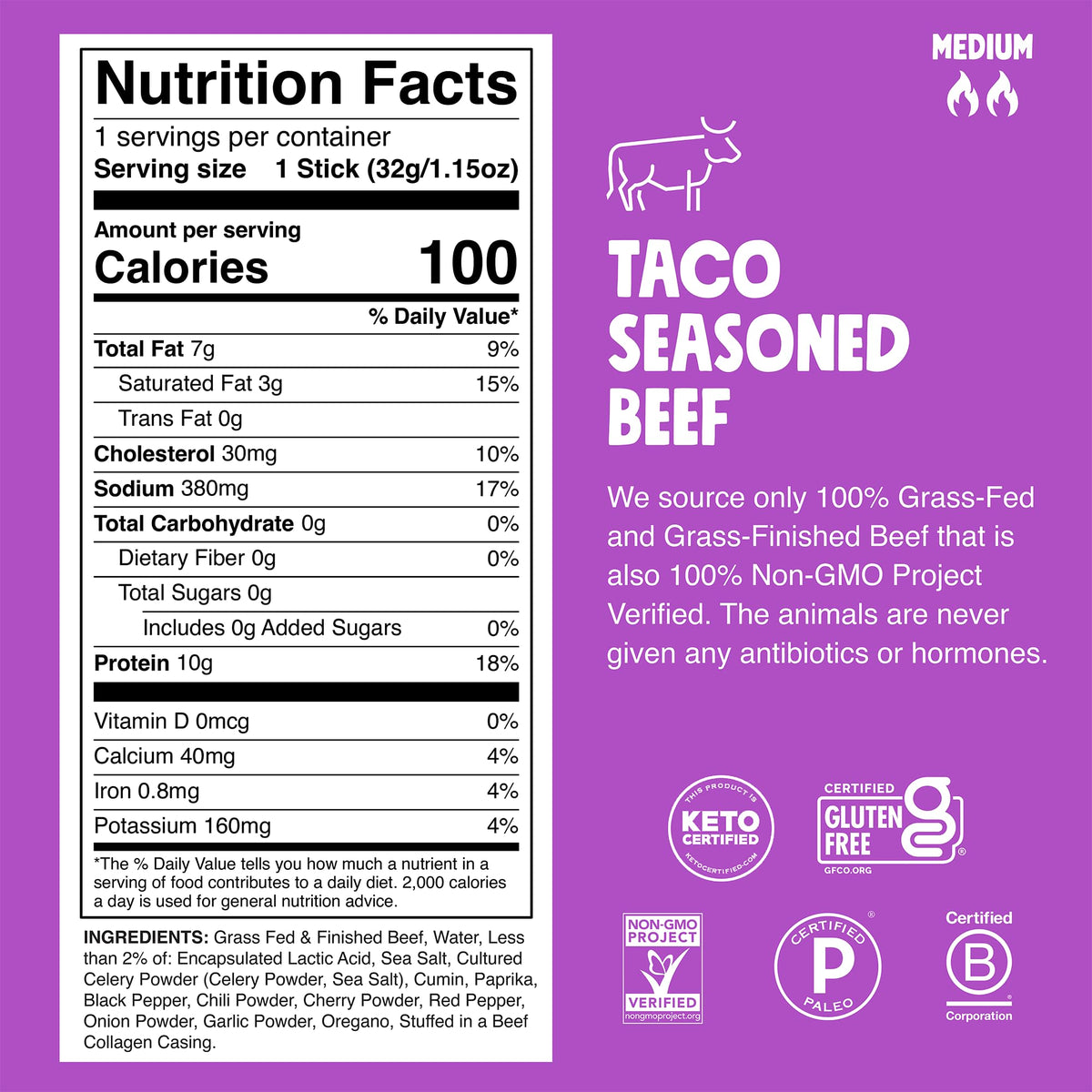 Chomps Taco Beef Jerky close-up highlights beef texture.