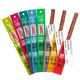 Chomps Variety Trial Pack Original Beef sticks shown, a convenient high-protein snack on the go