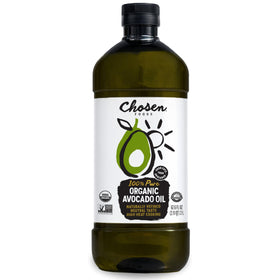 Chosen Foods avocado oil 2lt bottle shown for versatile high-heat cooking use.