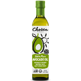 Chosen Foods avocado oil bottle front, purity and quality for daily cooking