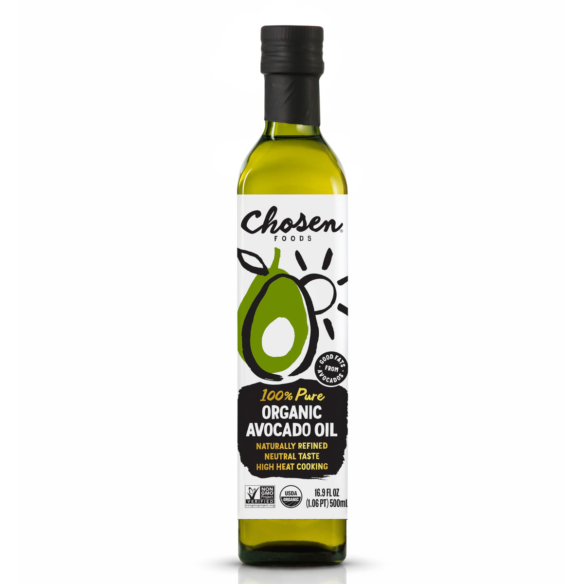 Chosen Foods avocado oil bottle pour highlights pure oil ideal for everyday cooking.