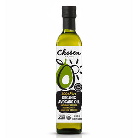 Chosen Foods avocado oil bottle pour highlights pure oil ideal for everyday cooking.