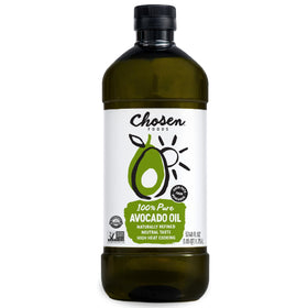 Chosen Foods Avocado Oil bottle pour for high-heat cooking and neutral flavor.