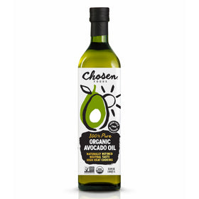 Chosen Foods Avocado Oil bottle highlighting purity and versatility for cooking.