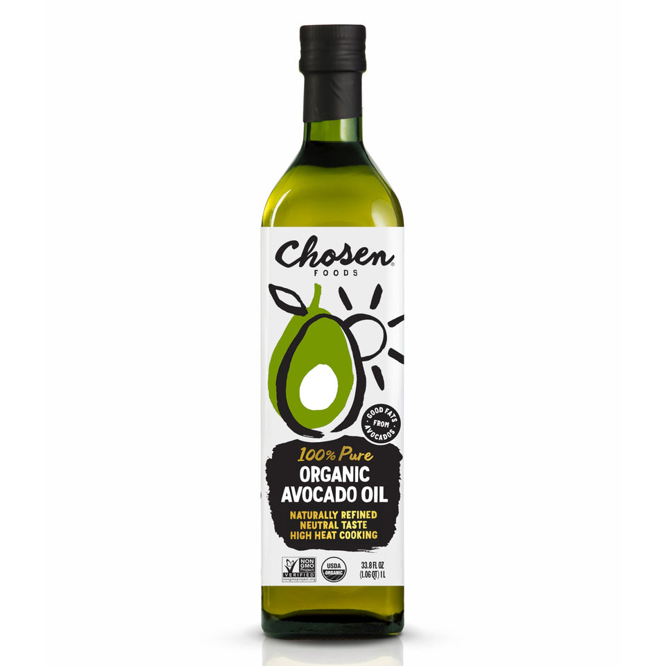 Chosen Foods Avocado Oil bottle highlighting purity and versatility for cooking.