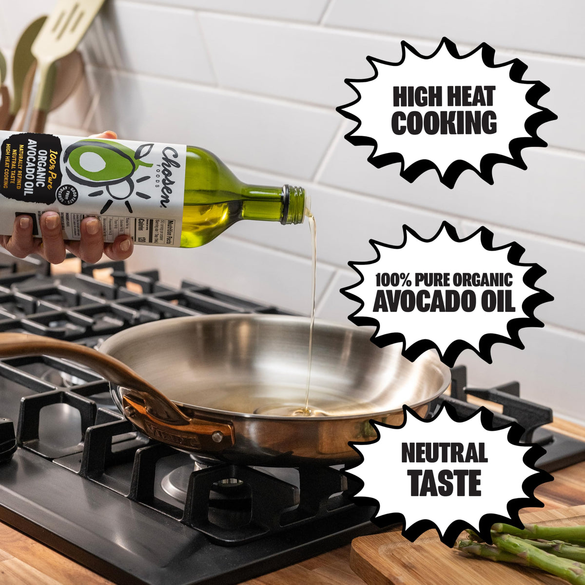 Chosen Foods avocado oil cooking setup demonstrates high-heat capabilities in sautéing and roasting.