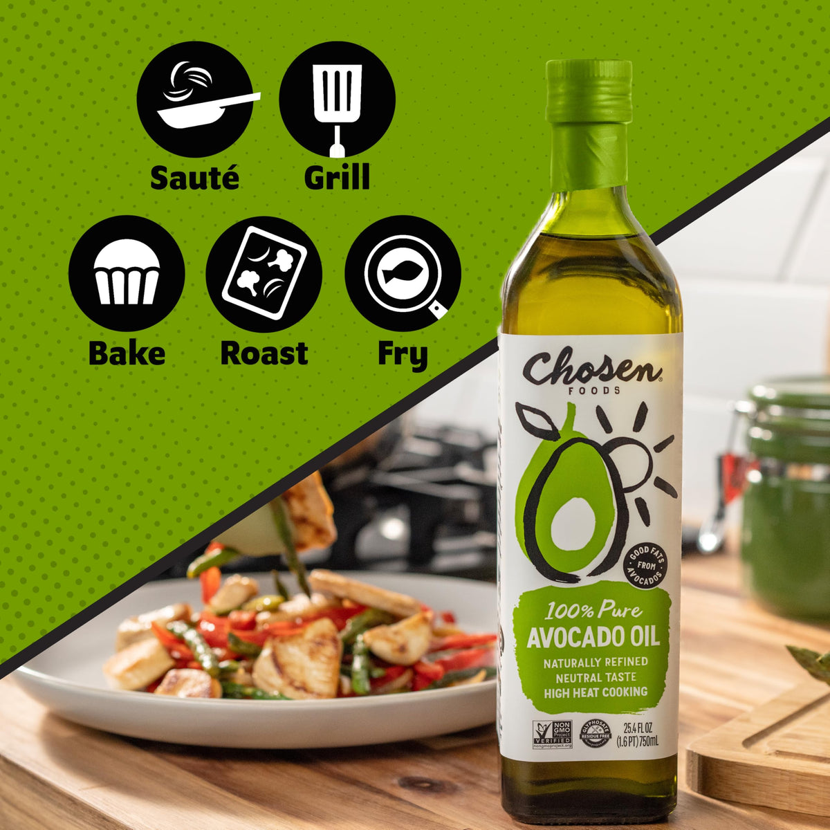 Chosen Foods avocado oil drizzle over salad for neutral, versatile flavor.