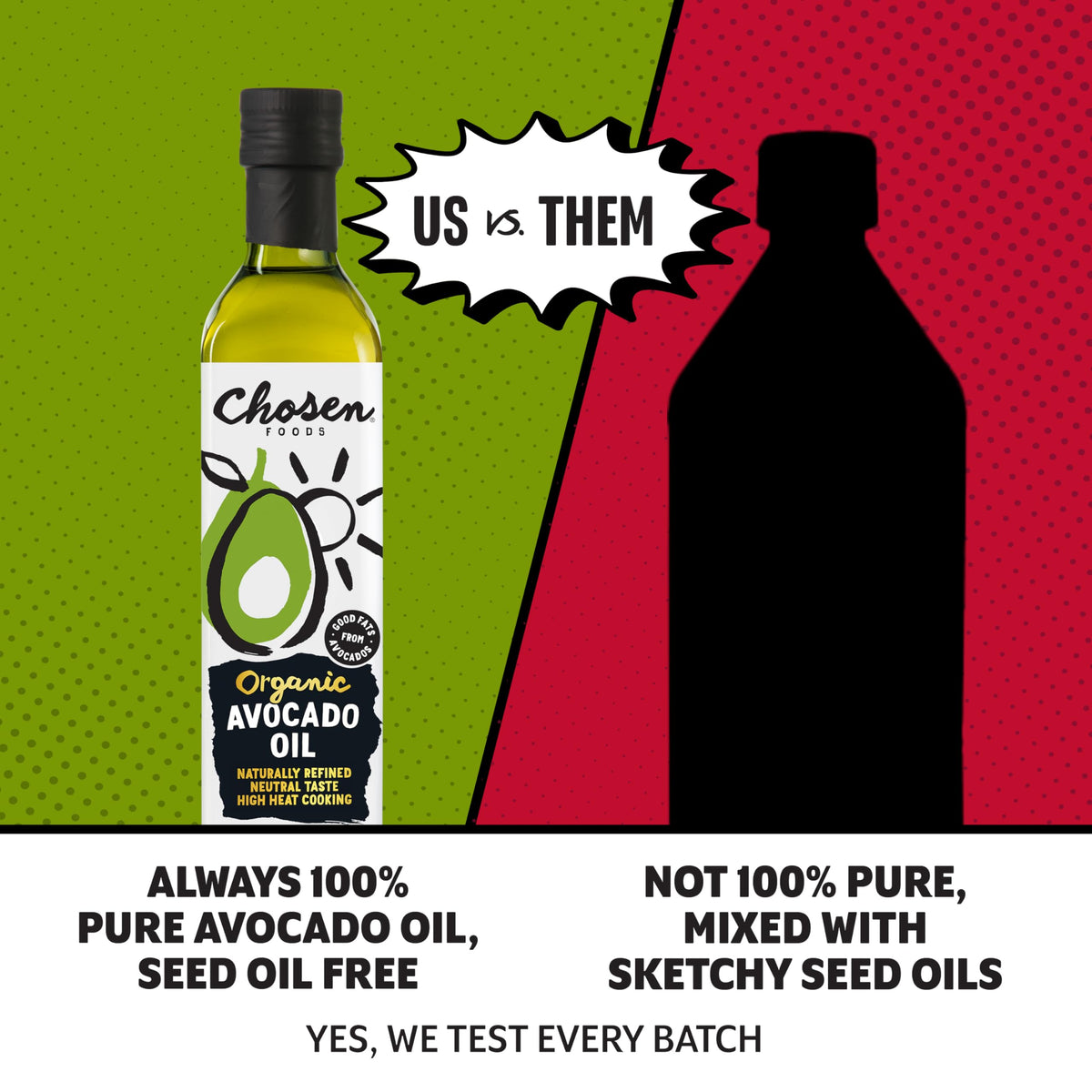 Chosen Foods Avocado Oil label closeup confirms organic purity and quality.