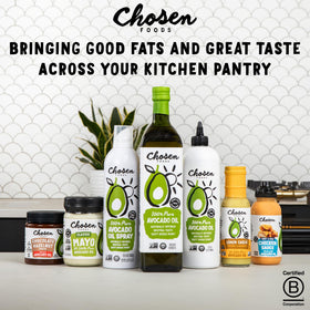 Gluten-free and dairy-free badge on Chosen Foods mayo packaging.