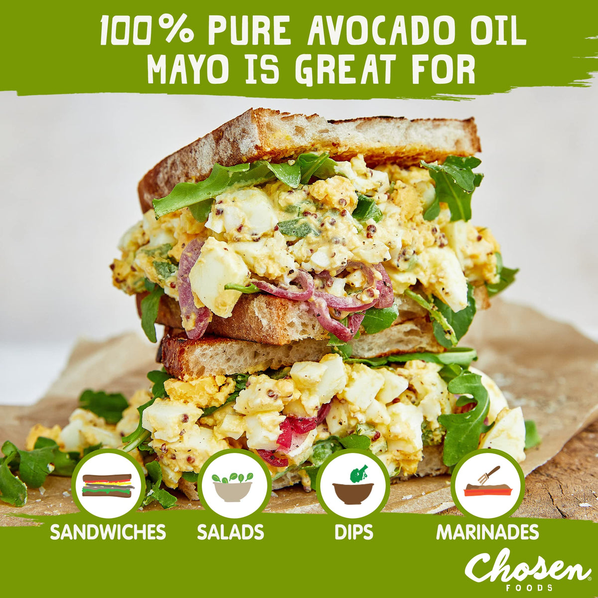 Closeup of avocado oil mayo ingredients highlighting avocado oil and cage-free eggs.