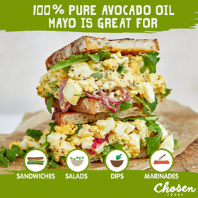 Closeup of avocado oil mayo ingredients highlighting avocado oil and cage-free eggs.