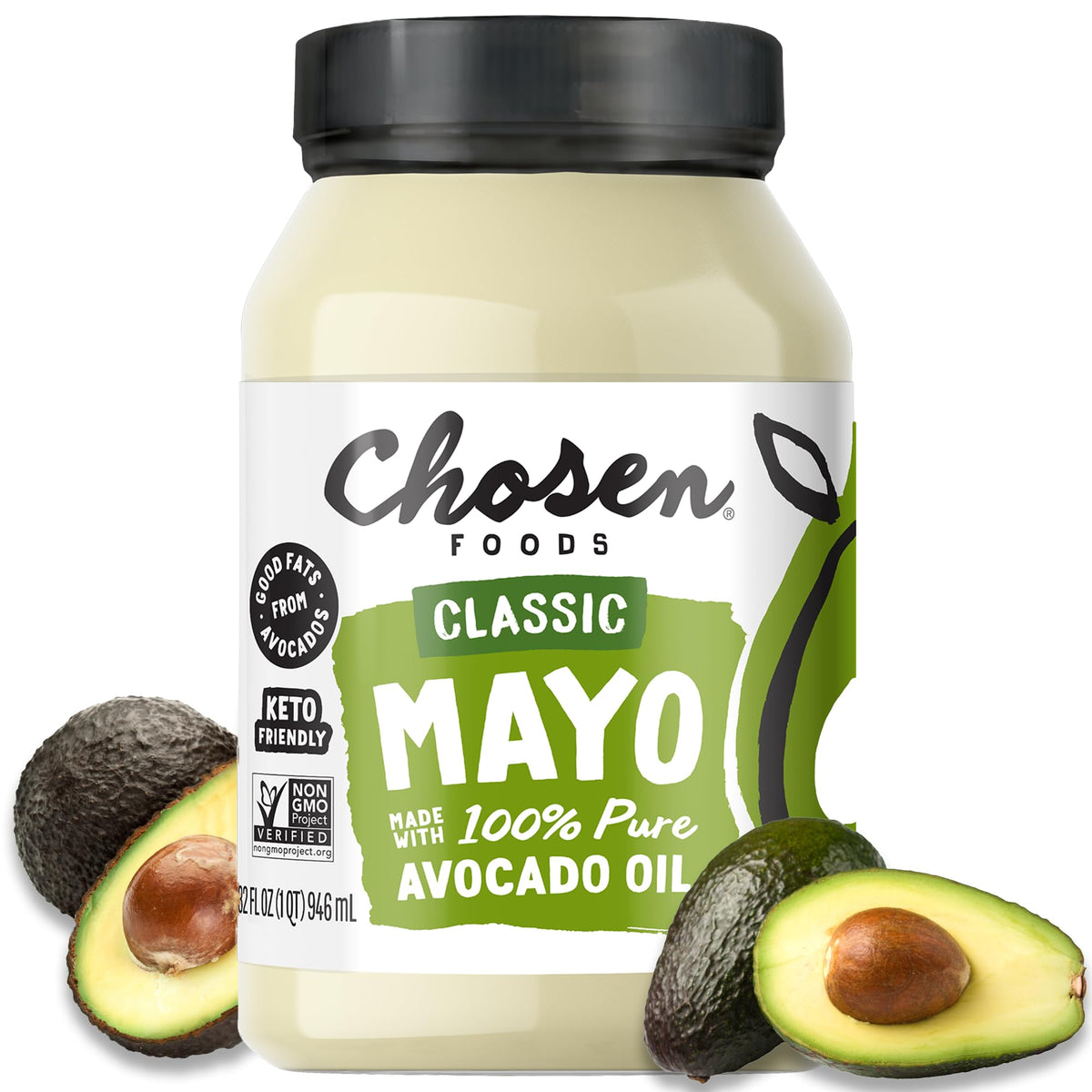 Chosen Foods avocado oil mayo jar shows rich creamy texture for sandwiches.