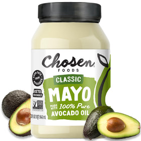 Chosen Foods avocado oil mayo jar shows rich creamy texture for sandwiches.