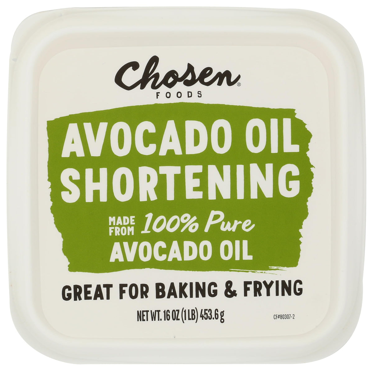 Chosen Foods Avocado Oil Shortening 16oz, ideal for baking and frying, versatile avocado-based substitute