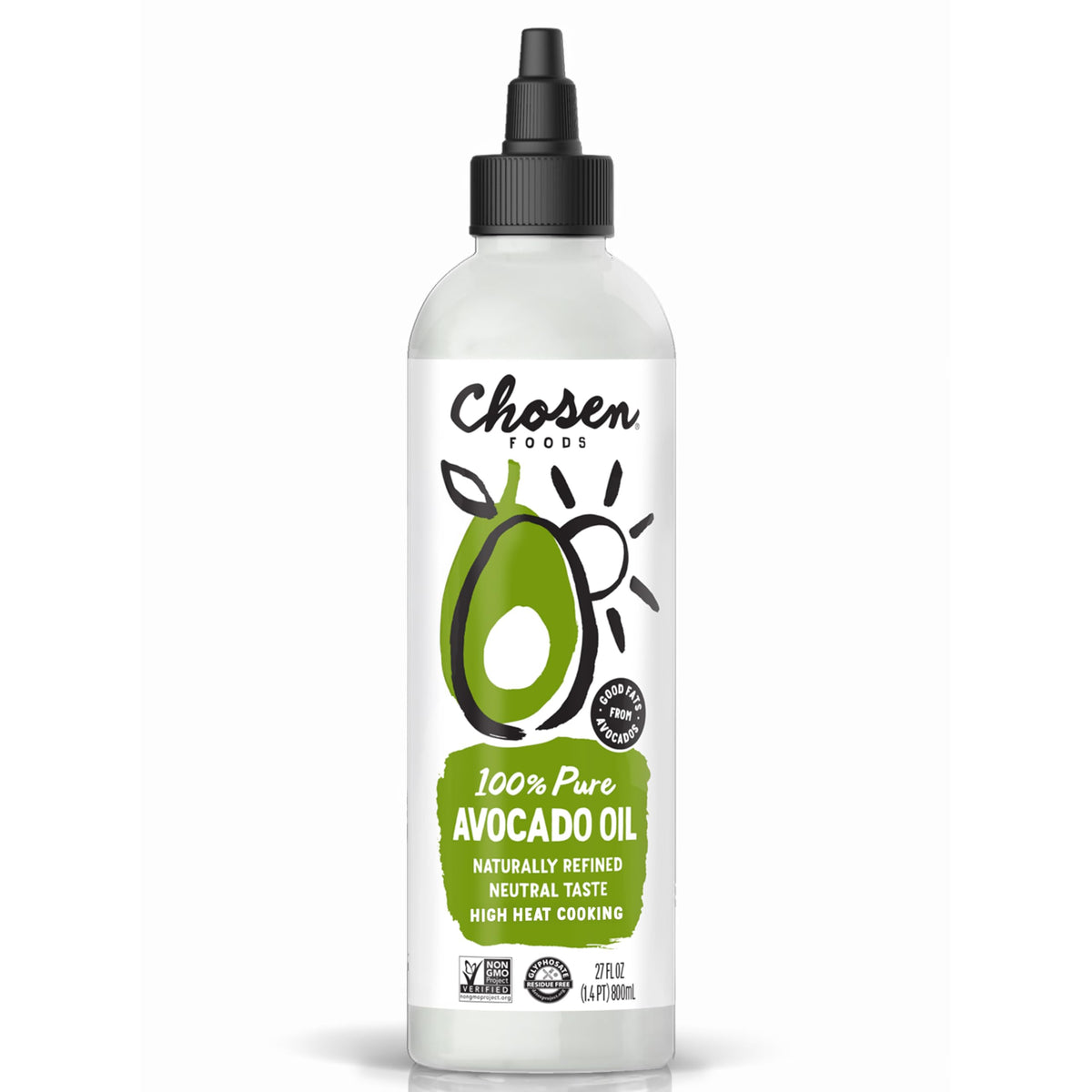 Chosen Foods avocado oil squeeze bottle on the counter for easy all-purpose cooking.