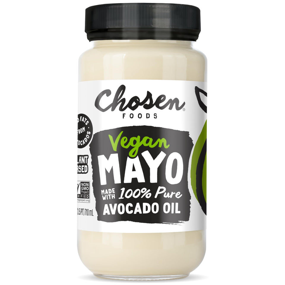 Chosen Foods vegan mayo bottle with avocado oil, perfect for sandwiches and dips