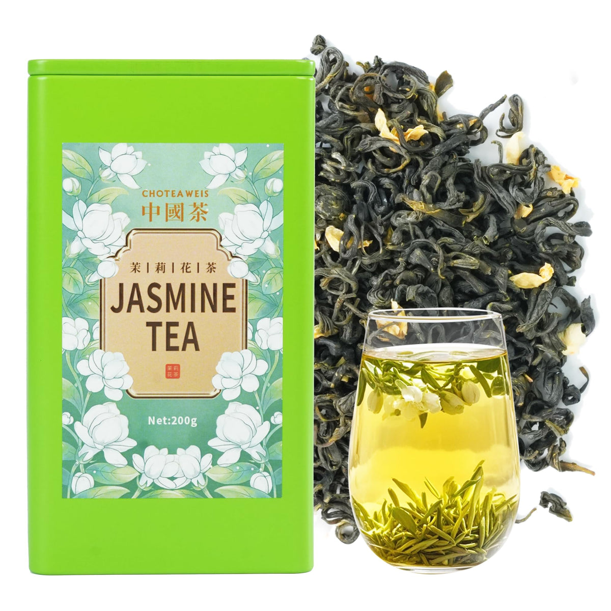 Choteaweis Chinese Jasmine Green Tea loose leaves in an iron can for fresh aroma.